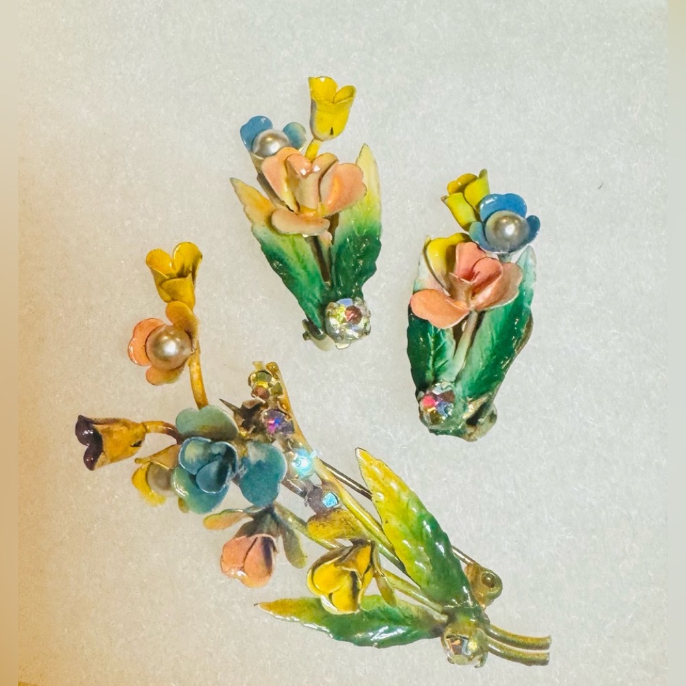 Vintage Signed Austria Floral Enamel Brooch and Earrings Set